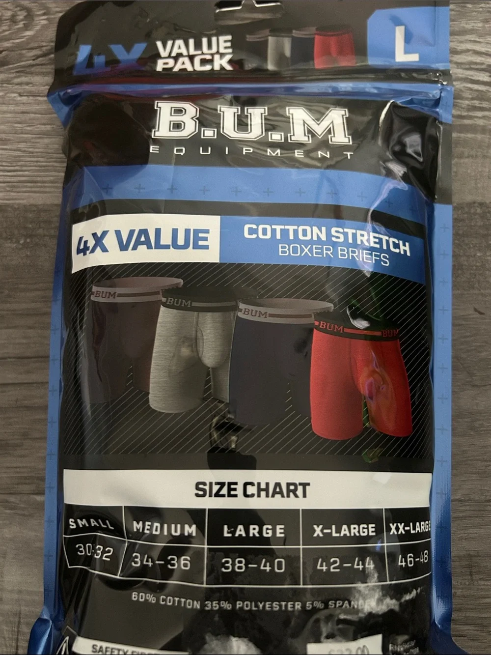 Equipment (B.U.M.) Cotton Stretch 4-Pack Boxer Briefs - Black, Gray, Navy, Red